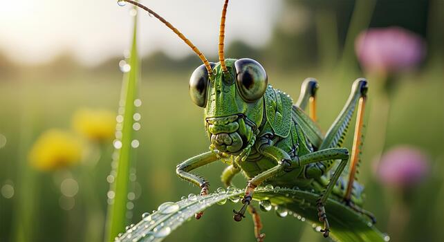 Close up of a green grasshopper on a dewy leaf in a field at sunrise. photo