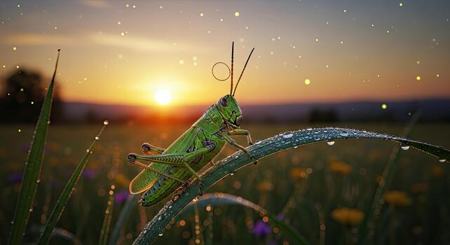 Close up of a green grasshopper perched on a blade of grass at sunset. photo