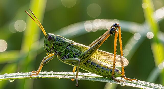 Close up of a green grasshopper perched on a blade of grass with dew drops. photo