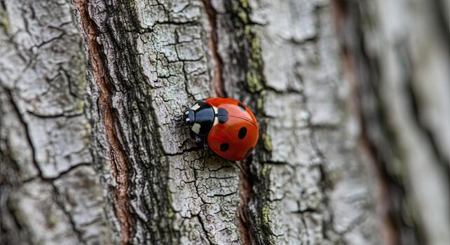cerca arriba de un mariquita gateando en un texturizado árbol ladrar. foto