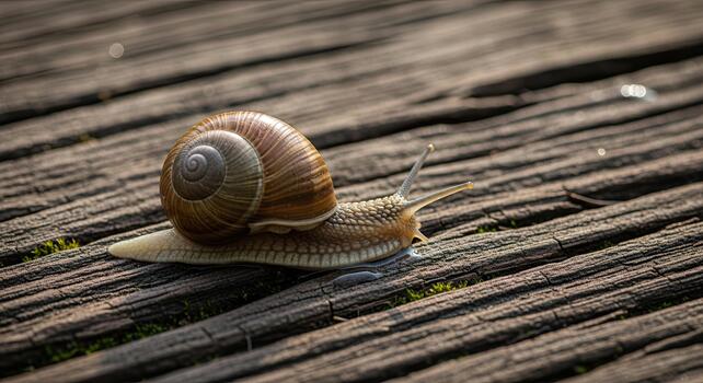 Close up of a snail crawling on weathered wooden planks. photo
