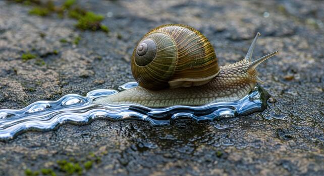 Close up of a snail leaving a slime trail on a textured surface. photo