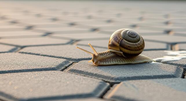 Close up of a snail slowly crawling on a textured stone path in soft sunlight. photo