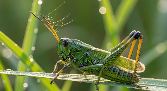 Close-up Macro Shot of a Green Grasshopper on a Dewy Blade of Grass. photo