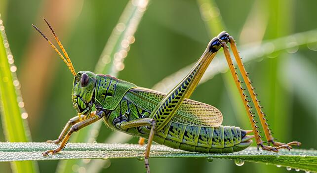 de cerca macro Disparo de un verde saltamontes descansando en un espada de césped con Rocío gotas. foto