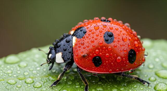de cerca macro Disparo de un mariquita cubierto en agua gotas en un verde hoja. foto