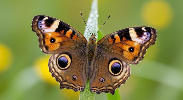 de cerca de un hermosa pavo real pensamiento mariposa con abierto alas en un verde antecedentes. foto