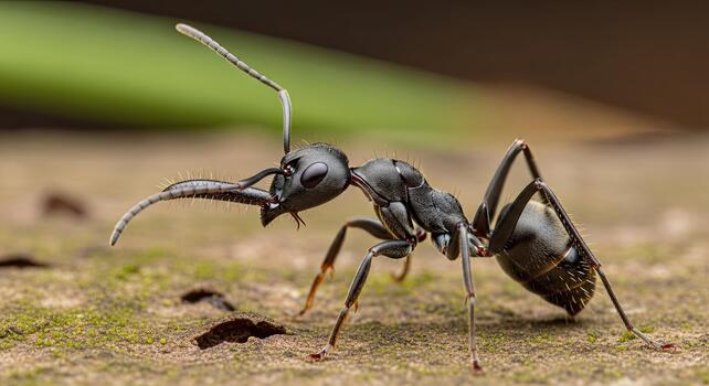 Close-up of a black ant with long antennae on a textured surface. photo