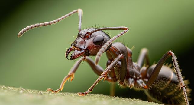 Close-up of a black ant with a green background. photo