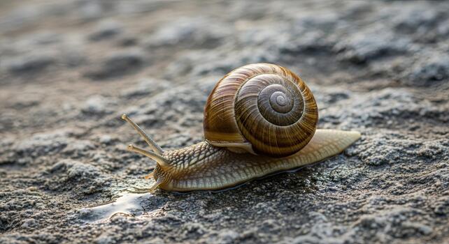 Close-up of a brown garden snail with a spiral shell slowly moving across a textured rock surface. photo