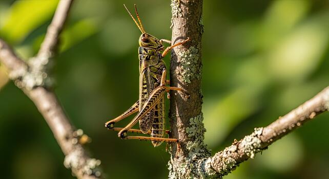 Close-up of a brown grasshopper camouflaged on a tree branch in a natural outdoor setting. photo