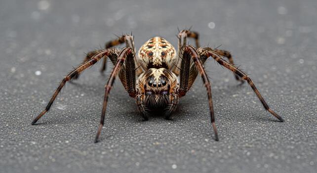Close-up of a brown wolf spider with intricate patterns on its back, resting on a gray surface. photo