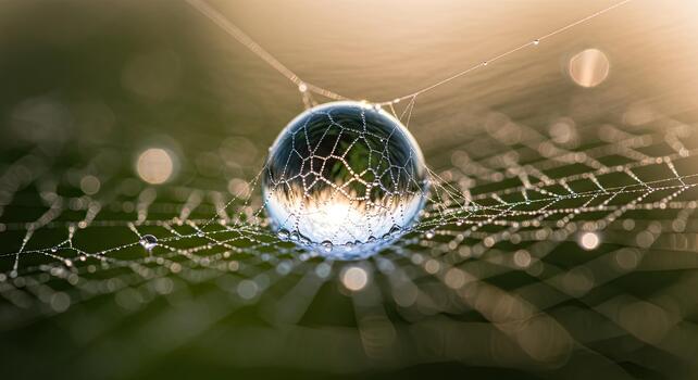 Close-up of a dewdrop on a spiderweb reflecting the intricate patterns of nature and light. photo