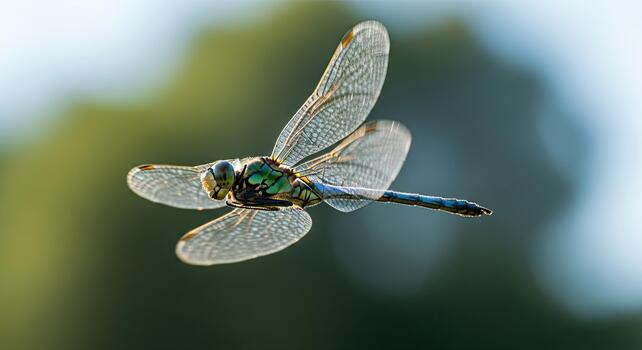 Close-up of a dragonfly in flight with transparent wings and a green body against a blurred natural background. photo