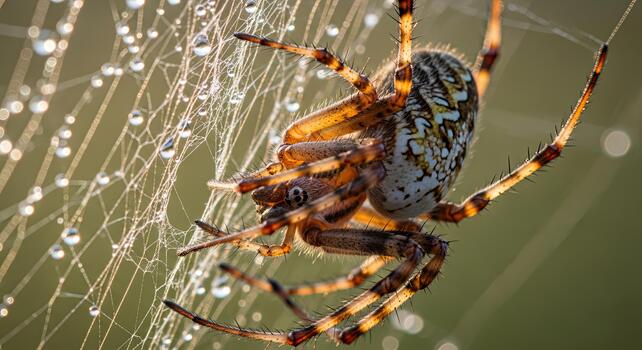 Close-up of a European garden spider in its web. photo