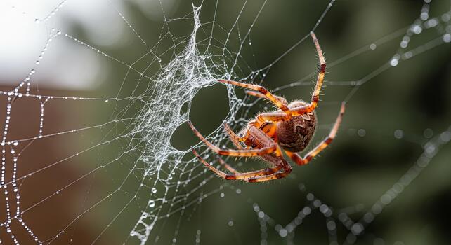 Close-up of a European garden spider on its intricate web, covered in morning dew drops. photo