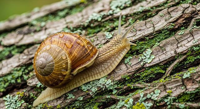 Close-up of a garden snail crawling on a textured tree bark with moss. photo