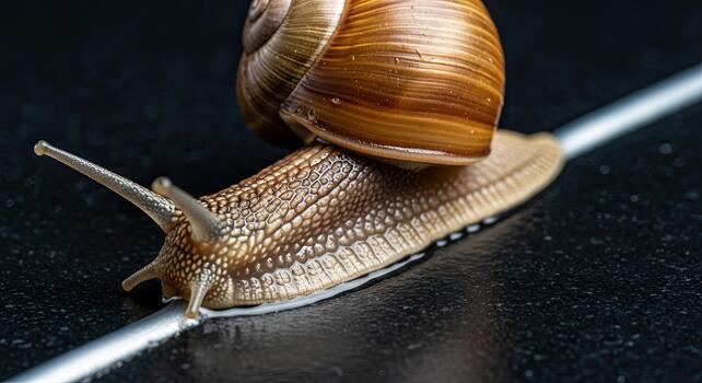 Close-up of a garden snail slowly moving across a dark surface with a reflective stripe. photo