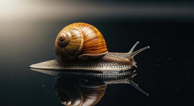 Close-up of a garden snail with a brown shell slowly moving across a reflective surface with a dark background and soft light. photo