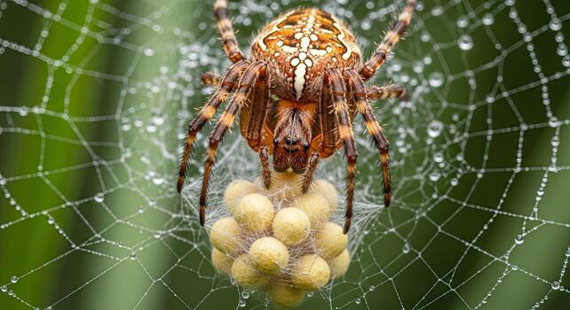 Close-up of a Garden Spider guarding its egg sac on a dew-covered web. photo