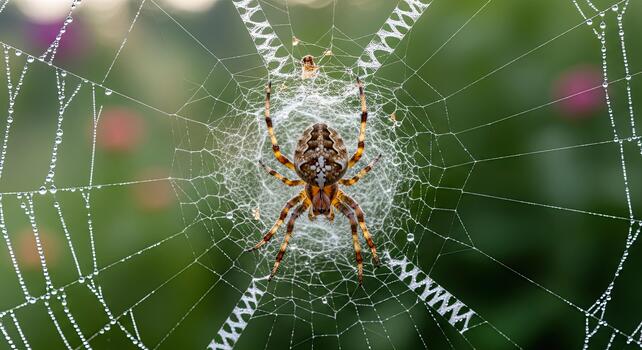 Close-up of a Garden Spider sitting in the center of its intricate web. photo