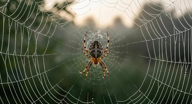Close-up of a Garden Spider waiting in its intricate web with dew drops. photo