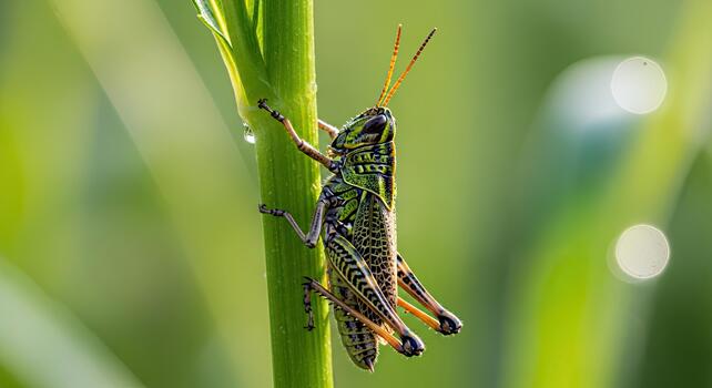 Close-up of a grasshopper on a green blade of grass in a natural outdoor setting. photo