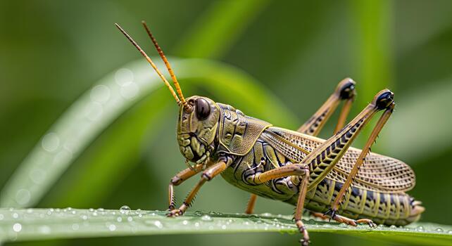 Close-up of a grasshopper on a green leaf with water droplets. photo