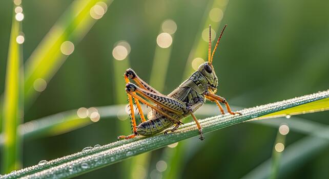 de cerca de un saltamontes encaramado en un cubierto de rocío espada de césped en un vibrante verde campo. foto