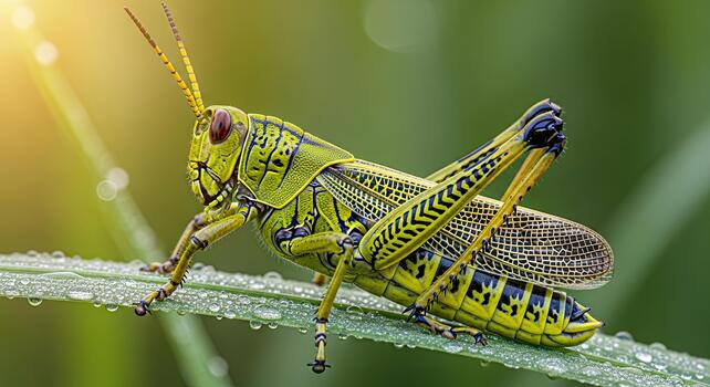 Close-up of a green grasshopper resting on a leaf. photo