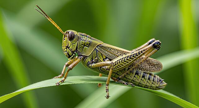 Close-up of a Grasshopper Resting on a Green Leaf. photo