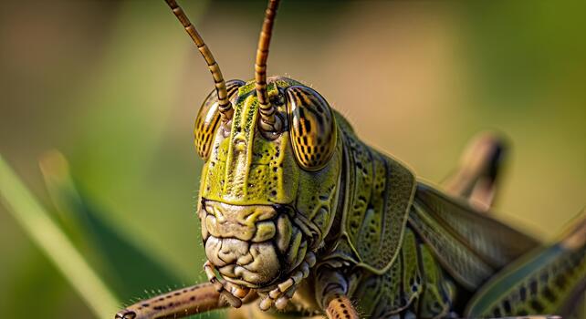 Close-up of a Green Grasshopper with Detailed Texture and Antennae. photo