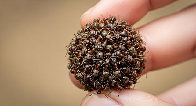 Close-up of a hand holding a tightly packed ball of fire ants, showcasing their collective behavior and intricate formation. photo
