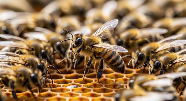 Close-up of a honey bee colony on a honeycomb, showcasing the intricate details of their natural habitat and the bustling activity within the hive. photo