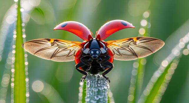 Close-up of a ladybug with wings spread open on a blade of grass. photo