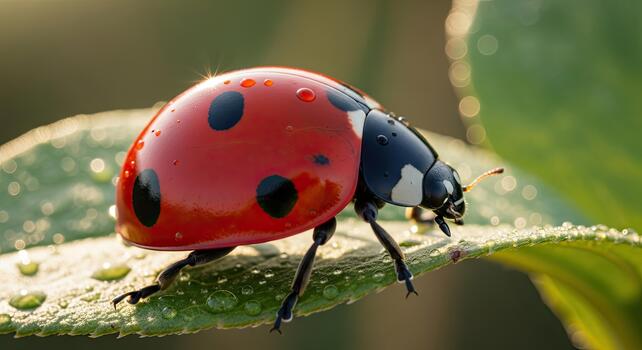 de cerca de un mariquita en un hoja con agua gotas. foto