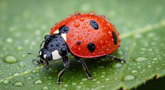 de cerca de un mariquita en un verde hoja con agua gotas. foto