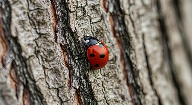 Close-up of a ladybug on a textured tree bark. photo