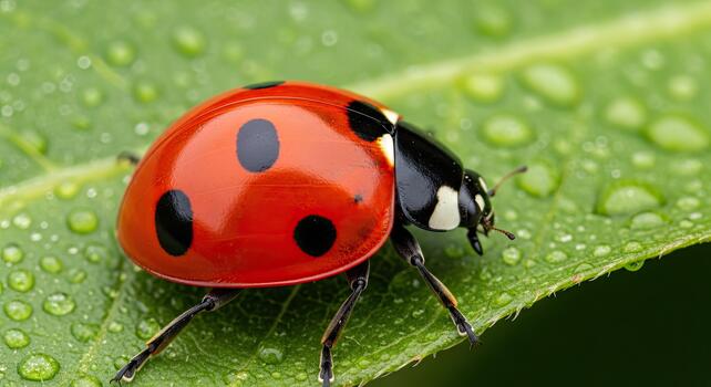 de cerca de un rojo mariquita con negro lugares en un verde hoja cubierto en agua gotas. foto