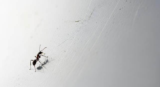 Close-up of a single black ant crawling on a light-colored surface, showcasing its intricate details. photo
