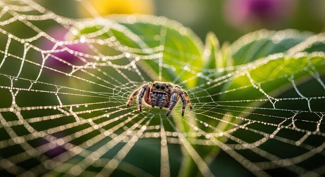 Close-up of a small spider on its dewy web with green foliage in the background. photo