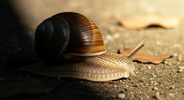 Close-up of a snail slowly moving on a textured surface with warm light. photo