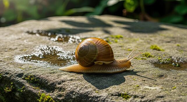 Close-up of a snail slowly moving across a sunlit rock surface in a garden. photo
