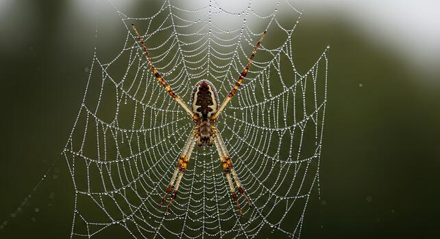 Close-up of a spider on its intricate web with dew drops. photo