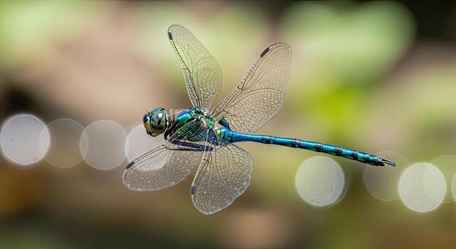Close-up of a vibrant blue dragonfly in flight with blurred background bokeh. photo