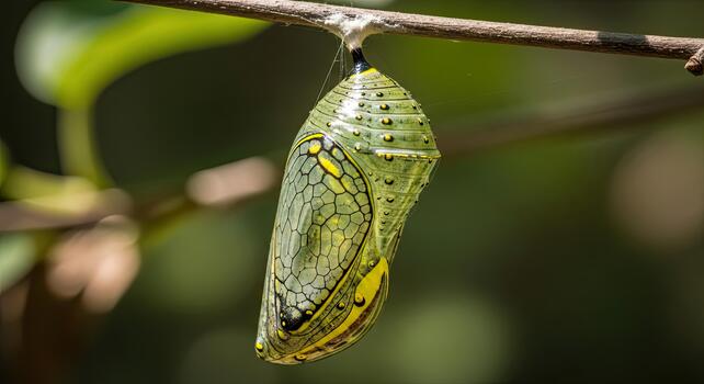 Close-up of a vibrant chrysalis hanging from a branch. photo