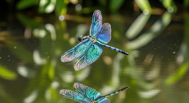 Close-up of a vibrant blue and green dragonfly hovering gracefully above a reflective water surface, showcasing its delicate wings and intricate body patterns. photo