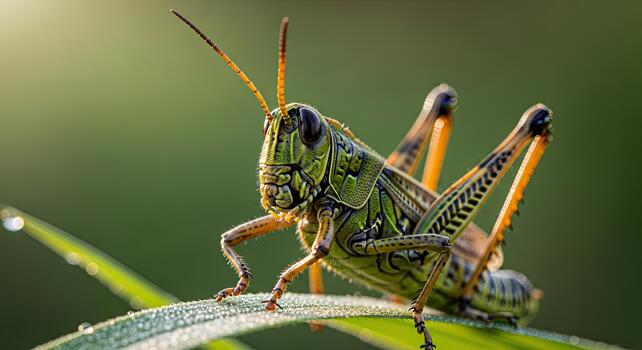 Close-up of a vibrant grasshopper perched on a green leaf. photo