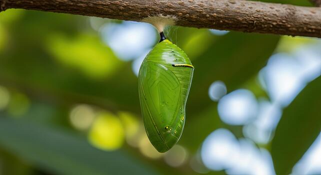 Close-up of a vibrant green chrysalis hanging from a branch, symbolizing transformation and new life in nature. photo