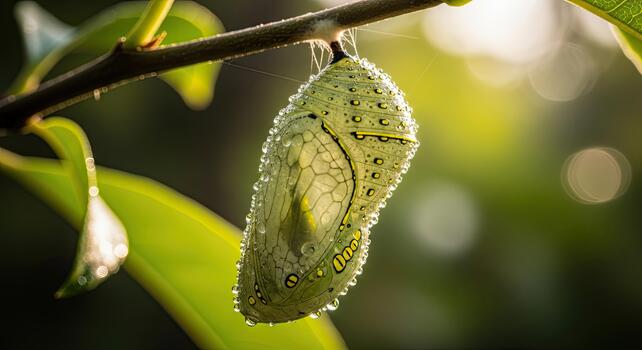 Close-up of a vibrant green chrysalis hanging from a branch. photo